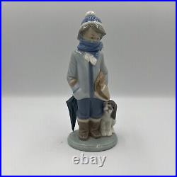 LLADRO #5220 WINTER Glazed Porcelain Figurine Boy With Dog RETIRED Signed