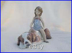LLADRO #6229 CONTENTED COMPANION Girl Brushing and Sitting on Dog
