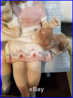 LLADRO #6446 SURROUNDED BY LOVE MOTHER AND SON WITH PUPPY DOG ON BENCH With BOX