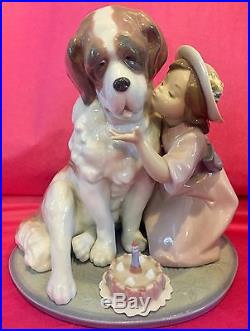 Lladro #6632 Birthday Kiss Girl Dog Large Rare Find! St Bernard Cake Spain