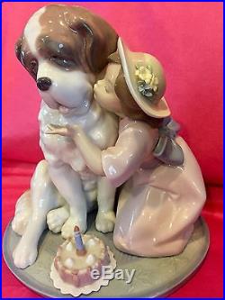 Lladro #6632 Birthday Kiss Girl Dog Large Rare Find! St Bernard Cake Spain