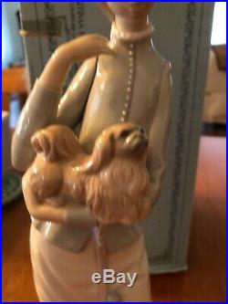 LLADRO A Walk With The Dog #4893 with Original Box Woman with Pekingese Dog