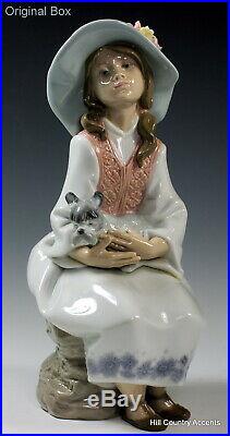 LLADRO DAYDREAMS #6400 GIRL, LARGE HAT With FLOWERS HOLDING SCHNAUZER DOG