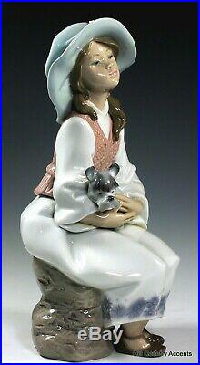 LLADRO DAYDREAMS #6400 GIRL, LARGE HAT With FLOWERS HOLDING SCHNAUZER DOG
