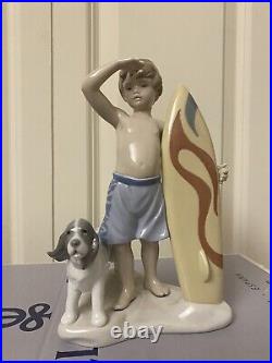 LLADRO FIGURINE #8110 SURF'S UP BOY WITH SURFBOARD AND DOG New in Box