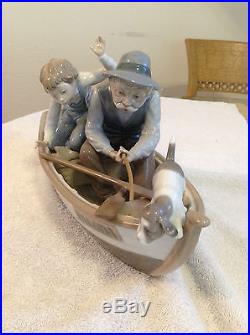 LLADRO Fishing with Gramps, Boy & Dog Figurine w Wood Base # 5215Free US Ship