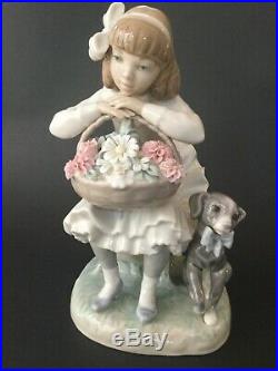 LLADRO Girl Sitting in Chair With Flower Basket Dog Porcelain Figurine 8 1/4tall