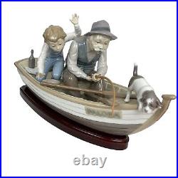 LLADRO Porcelain Figurine 5215 Boy Fishing With Gramps and Dog Wooden Base