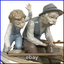 LLADRO Porcelain Figurine 5215 Boy Fishing With Gramps and Dog Wooden Base