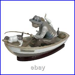 LLADRO Porcelain Figurine 5215 Boy Fishing With Gramps and Dog Wooden Base