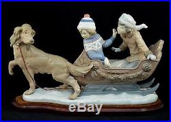 Lladro Retired Figurine # 5037 Sleigh Children Sled Dog Excellent