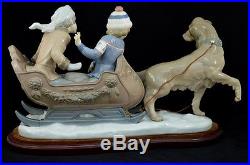Lladro Retired Figurine # 5037 Sleigh Children Sled Dog Excellent