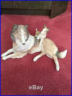 Lladro Retired Glazed Porcelain Rough Collie Dog With Puppy #6459 Mint Condition