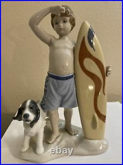 LLADRO SURF'S UP BOY FIGURINE #8110 BRAND NIB BEACH SURF BOARD DOG Free Shipping