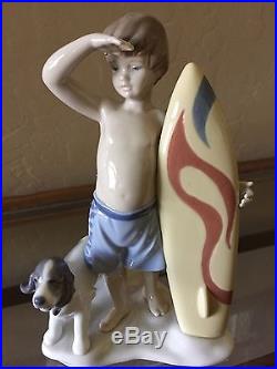 LLADRO Surfs Up Boy with Surfboard and Dog #8110