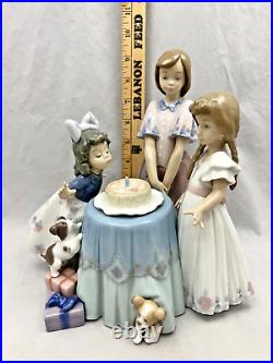Large LLADRO Making A Birthday Wish #5910 Girls Dogs Puppies Birthday Cake Table