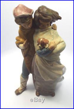 Large Lladro Figurine #1279 Facing The Wind, Boy Girl & Dog, Gres Finish