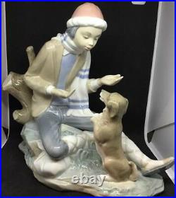 Large Nao Lladro Figurine Seated Boy With His Begging Dog Excellent Condition