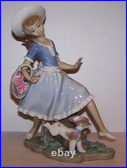 Large Retired Lladro 4920 Mirth In The Country Girl Running With Dog Figurine