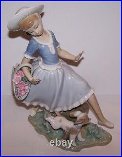 Large Retired Lladro 4920 Mirth In The Country Girl Running With Dog Figurine