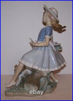 Large Retired Lladro 4920 Mirth In The Country Girl Running With Dog Figurine