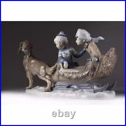 Large Vintage Boys Dog Sledding Composition Figurine Porcelain Lladro Spain 1983