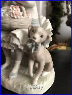 Lladro 1088 Daydreaming Girl with Flowers Basket Puppy Dog Matte Mint
