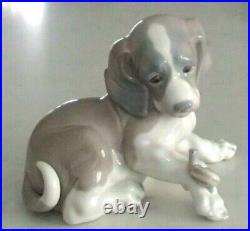 Lladro 1139 Dog and Snail curious puppy staring at snail on paw MWOB, RV$480