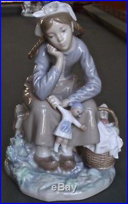 Lladro #1211 Girl With Dog- Girl Sitting With Basket Porcelain Fig Retired