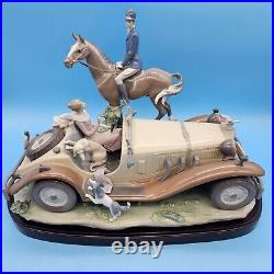 Lladro 1523 Happy Encounter- Woman Driving Man Horseback Dogs with Wood Base, Box