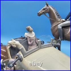 Lladro 1523 Happy Encounter- Woman Driving Man Horseback Dogs with Wood Base, Box