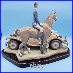 Lladro 1523 Happy Encounter- Woman Driving Man Horseback Dogs with Wood Base, Box