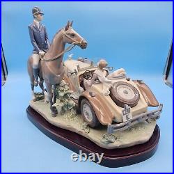 Lladro 1523 Happy Encounter- Woman Driving Man Horseback Dogs with Wood Base, Box