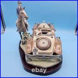 Lladro 1523 Happy Encounter- Woman Driving Man Horseback Dogs with Wood Base, Box