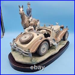 Lladro 1523 Happy Encounter- Woman Driving Man Horseback Dogs with Wood Base, Box