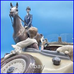 Lladro 1523 Happy Encounter- Woman Driving Man Horseback Dogs with Wood Base, Box