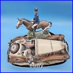 Lladro 1523 Happy Encounter- Woman Driving Man Horseback Dogs with Wood Base, Box