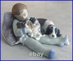 Lladro 1535 Sweet Dreams boy w 3 puppies & Momma dog looking on MIB, RV$270