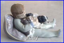 Lladro 1535 Sweet Dreams boy w 3 puppies & Momma dog looking on MIB, RV$270