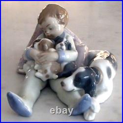 Lladro 1535 Sweet Dreams boy w 3 puppies & Momma dog looking on MIB, RV$270