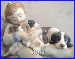 Lladro 1535 Sweet Dreams boy w 3 puppies & Momma dog looking on MIB, RV$270