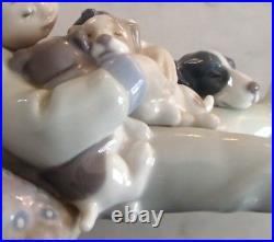 Lladro 1535 Sweet Dreams boy w 3 puppies & Momma dog looking on MIB, RV$270