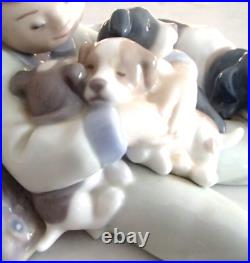 Lladro 1535 Sweet Dreams boy w 3 puppies & Momma dog looking on MIB, RV$270