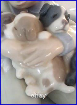 Lladro 1535 Sweet Dreams boy w 3 puppies & Momma dog looking on MIB, RV$270