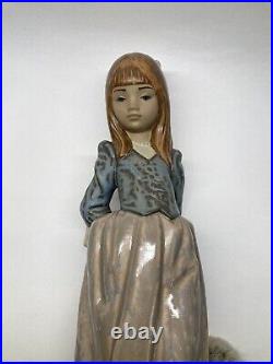 Lladro #2085 Rosita Girl Holding Rose Walking Dog Figure Gres Finish 14 Statue