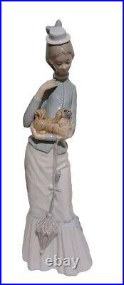 Lladro #4893 A Walk With The Dog Woman With Pekingese & Umbrella 1974 14.5 IN