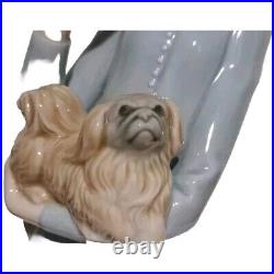 Lladro #4893 A Walk With The Dog Woman With Pekingese & Umbrella 1974 14.5 IN