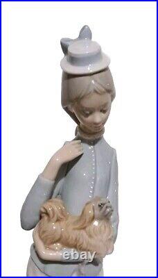 Lladro #4893 A Walk With The Dog Woman With Pekingese & Umbrella 1974 14.5 IN