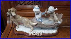 Lladro 5037 Retired Figurine Sleigh with Children and Sled Dog