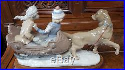 Lladro 5037 Retired Figurine Sleigh with Children and Sled Dog
